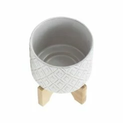 Ceramic Diamond Etched Flower Pot with Wooden Stand Beige - Sagebrook Home -Cheap Planters Store unnamed file 3384