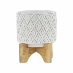 Ceramic Diamond Etched Flower Pot with Wooden Stand Beige - Sagebrook Home -Cheap Planters Store unnamed file 3390