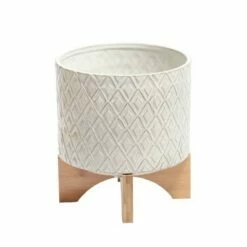 Ceramic Diamond Etched Flower Pot with Wooden Stand Beige - Sagebrook Home -Cheap Planters Store unnamed file 3391