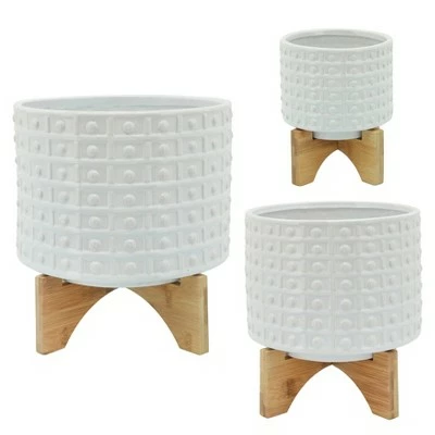 Ceramic Dotted Planter with Wood Stand Ivory - Sagebrook Home 4 Ceramic Dotted Planter with Wood Stand Ivory - Sagebrook Home - Image 2