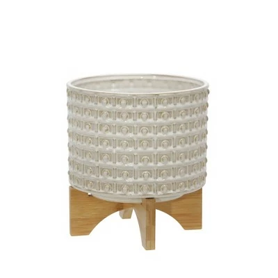 Ceramic Dotted Planter with Wood Stand Ivory - Sagebrook Home 5 Ceramic Dotted Planter with Wood Stand Ivory - Sagebrook Home - Image 3
