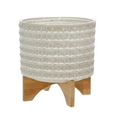 Ceramic Dotted Planter with Wood Stand Ivory - Sagebrook Home 7 Ceramic Dotted Planter with Wood Stand Ivory - Sagebrook Home - Image 5