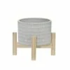 Ceramic Geometric Planter with Wood Stand Beige - Sagebrook Home