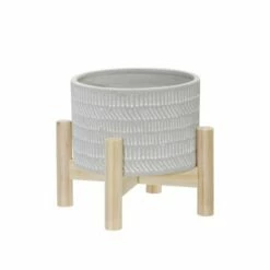 Ceramic Geometric Planter with Wood Stand Beige - Sagebrook Home -Cheap Planters Store unnamed file 3441