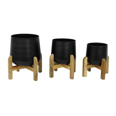 Sagebrook Home Set of 3 Metal Planters with Wood Stand Black 6 Sagebrook Home Set of 3 Metal Planters with Wood Stand Black - Image 4