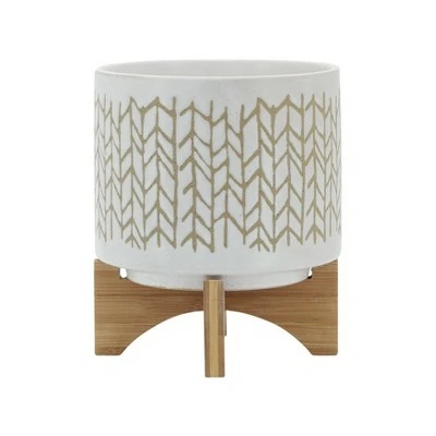 8" Chevron Planter with Wood Stand Beige - Sagebrook Home 2 8" Chevron Planter with Wood Stand Beige - Sagebrook Home