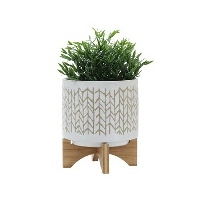 8" Chevron Planter with Wood Stand Beige - Sagebrook Home 3 8" Chevron Planter with Wood Stand Beige - Sagebrook Home - Image 2