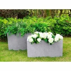 Rosemead Home & Garden, Inc. 31" Set of 2 Kante Lightweight Concrete Modern Long Low Granite Outdoor Rectangular Planter - Rosemead Home & Garden, Inc Charcoal Gray