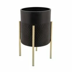 Sagebrook Home Set of 2 Diamond Planters on Metal Stand Black/Gold