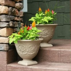 Sunnydaze Decor Sunnydaze Indoor/Outdoor Patio, Garden, or Porch Weather-Resistant Double-Walled Darcy Flower Pot Planter - 16" - Beige - 4pk