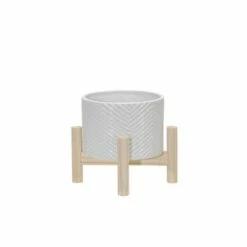 Ceramic Chevron Planter with Wood Stand White - Sagebrook Home