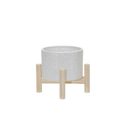 Ceramic Chevron Planter with Wood Stand White - Sagebrook Home 3 Ceramic Chevron Planter with Wood Stand White - Sagebrook Home