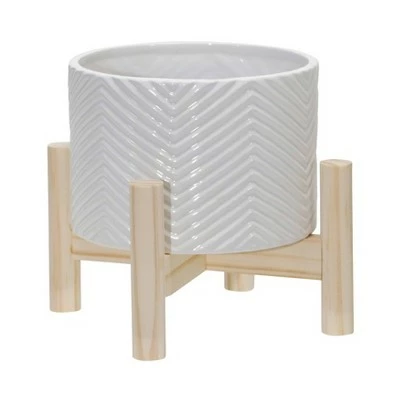 Ceramic Chevron Planter with Wood Stand White - Sagebrook Home 5 Ceramic Chevron Planter with Wood Stand White - Sagebrook Home - Image 3
