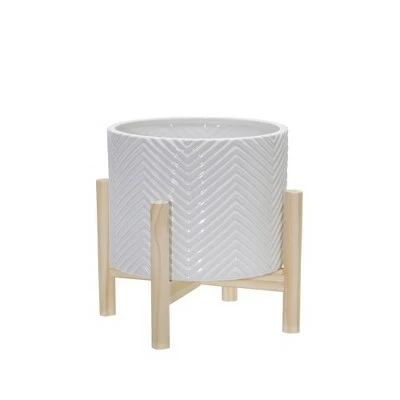 Ceramic Chevron Planter with Wood Stand White - Sagebrook Home 6 Ceramic Chevron Planter with Wood Stand White - Sagebrook Home - Image 4