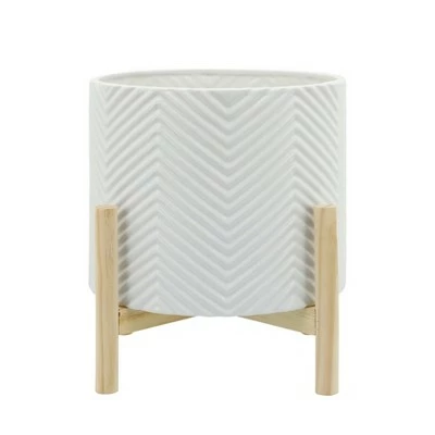 Ceramic Chevron Planter with Wood Stand White - Sagebrook Home 7 Ceramic Chevron Planter with Wood Stand White - Sagebrook Home - Image 5