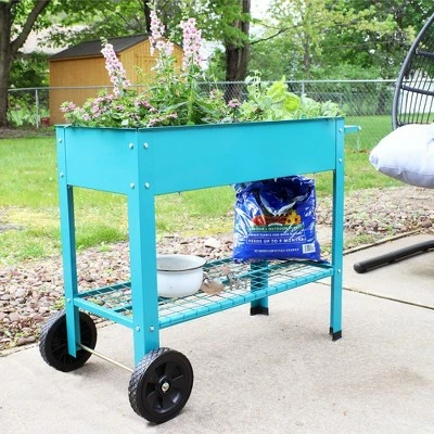 Sunnydaze Decor Sunnydaze Outdoor Galvanized Steel Raised Mobile Elevated Planter Cart with Handlebar and Wheels - 43" - Blue 3 Sunnydaze Decor Sunnydaze Outdoor Galvanized Steel Raised Mobile Elevated Planter Cart with Handlebar and Wheels - 43" - Blue