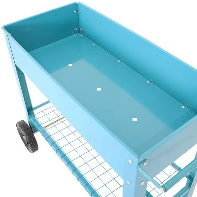 Sunnydaze Decor Sunnydaze Outdoor Galvanized Steel Raised Mobile Elevated Planter Cart with Handlebar and Wheels - 43" - Blue 4 Sunnydaze Decor Sunnydaze Outdoor Galvanized Steel Raised Mobile Elevated Planter Cart with Handlebar and Wheels - 43" - Blue - Image 2