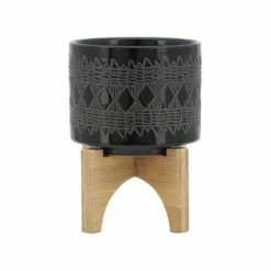 Ceramic Aztec Planter on Wooden Stand Black - Sagebrook Home -Cheap Planters Store unnamed file 3750