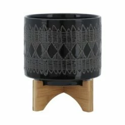 Ceramic Aztec Planter on Wooden Stand Black - Sagebrook Home -Cheap Planters Store unnamed file 3751