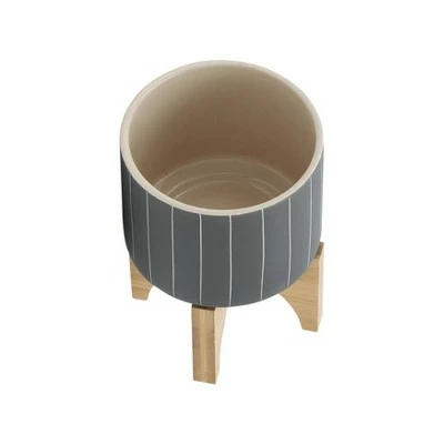 Sagebrook Home Stripes Ceramic Planter with Stand 5 Sagebrook Home Stripes Ceramic Planter with Stand - Image 3