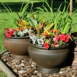 Sunnydaze Decor Sunnydaze Indoor/Outdoor Patio, Garden, or Porch Weather-Resistant Double-Walled Elizabeth Ribbed Urn Flower Pot Planter - 16" - Rust Finish - 2pk