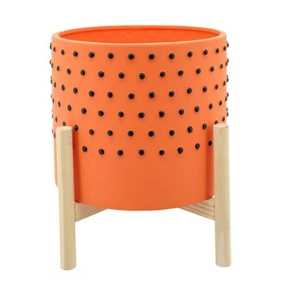 10" Dotted Planter with Wood Stand - Sagebrook Home Orange 5 10" Dotted Planter with Wood Stand - Sagebrook Home Orange - Image 4