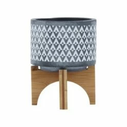 Ceramic Aztec Planter on Wooden Stand Gray - Sagebrook Home