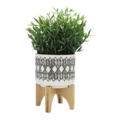 Sagebrook Home Geometric Ceramic Planter on Wooden Stand Gray