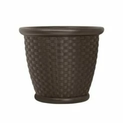 Suncast Sonora 18 Inch Resin Wicker Decorative Flower Planter, Brown (2 Pack)