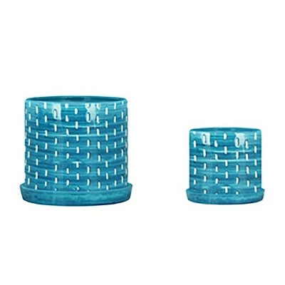 Sagebrook Home Set of 2 Mesh Lines Ceramic Planters with Saucers Aqua 5 Sagebrook Home Set of 2 Mesh Lines Ceramic Planters with Saucers Aqua - Image 3