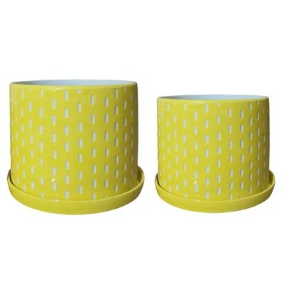 Sagebrook Home Set of 2 Mesh Lines Ceramic Planters with Saucers Aqua 7 Sagebrook Home Set of 2 Mesh Lines Ceramic Planters with Saucers Aqua - Image 5