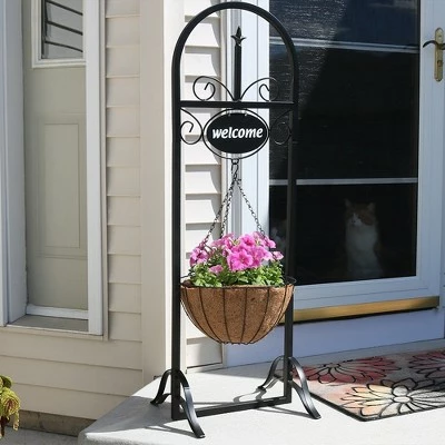 Sunnydaze Decor Sunnydaze Indoor/Outdoor Iron Construction Decorative Welcome Sign and Coco Grass Liner Hanging Basket Planter Stand - 48" H - Black 3 Sunnydaze Decor Sunnydaze Indoor/Outdoor Iron Construction Decorative Welcome Sign and Coco Grass Liner Hanging Basket Planter Stand - 48" H - Black