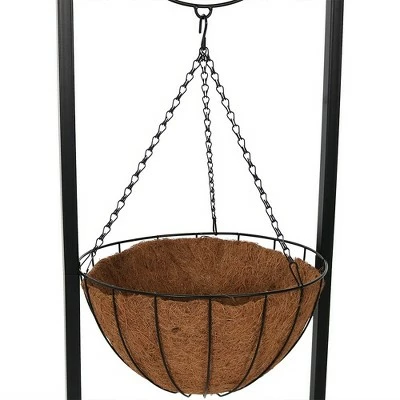 Sunnydaze Decor Sunnydaze Indoor/Outdoor Iron Construction Decorative Welcome Sign and Coco Grass Liner Hanging Basket Planter Stand - 48" H - Black 4 Sunnydaze Decor Sunnydaze Indoor/Outdoor Iron Construction Decorative Welcome Sign and Coco Grass Liner Hanging Basket Planter Stand - 48" H - Black - Image 2