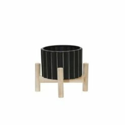 Ceramic Fluted Planter with Wood Stand Black - Sagebrook Home