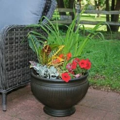 Sunnydaze Decor Sunnydaze Indoor/Outdoor Patio, Garden, or Porch Weather-Resistant Double-Walled Elizabeth Ribbed Urn Flower Pot Planter - 16" - Rust Finish