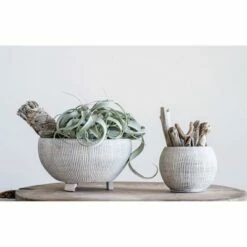 Small Footed Terracotta Planter with Fluted Texture Distressed Cream - 3R Studios