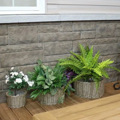 Sunnydaze Decorative Round Indoor/Outdoor Polyrattan Basket Flower Planters - 8", 11.75" and 12.75" Diameter - Beige - 3-Piece Set 3 Sunnydaze Decorative Round Indoor/Outdoor Polyrattan Basket Flower Planters - 8", 11.75" and 12.75" Diameter - Beige - 3-Piece Set