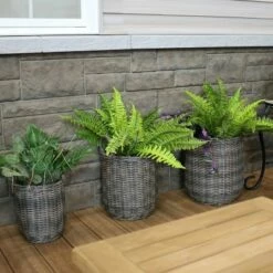 Sunnydaze Decorative Round Indoor Polyrattan Basket Flower Planters with Handles - 8.75", 10.5", and 12.75" Diameter - Gray - 3-Piece Set