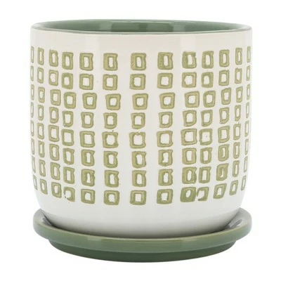 Sagebrook Home 6" Square Patterned Ceramic Planter with Saucer Olive 5 Sagebrook Home 6" Square Patterned Ceramic Planter with Saucer Olive - Image 5