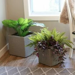 Sunnydaze Decor Sunnydaze Square Indoor Polyrattan Planters with Attached Clear Polypropylene Liner 14" Square x 11" H and 14" Square x 11" H - Gray 2-Piece
