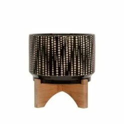 Sagebrook Home 4.88" Dotted Ceramic Planter with Wooden Stand Black