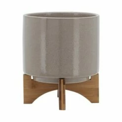 Sagebrook Home 9" Ceramic Planter with Wood Stand Beige