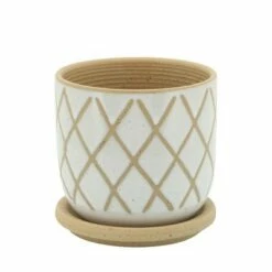Sagebrook Home Cross Ceramic Planter with Saucer White