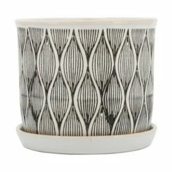 Sagebrook Home Set of 2 Swirly Lines Ceramic Planters with Saucers Beige