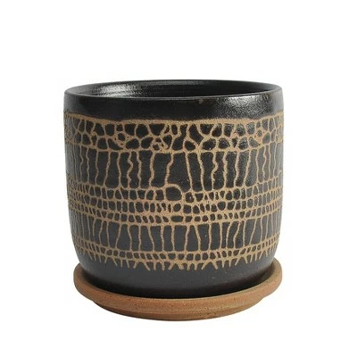 Sagebrook Home Glazed Ceramic Planter with Saucer Black 4 Sagebrook Home Glazed Ceramic Planter with Saucer Black - Image 2
