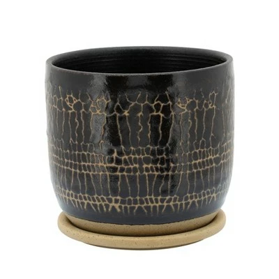 Sagebrook Home Glazed Ceramic Planter with Saucer Black 5 Sagebrook Home Glazed Ceramic Planter with Saucer Black - Image 3