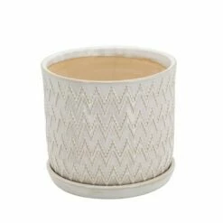 Sagebrook Home Set of 2 Chevron Ceramic Planters with Saucers Beige