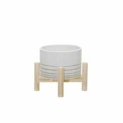 Sagebrook Home Metallic Ceramic Planter with Wood Stand White