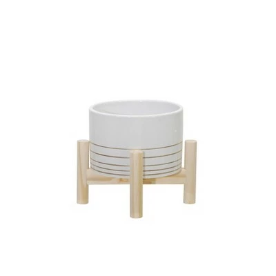 Sagebrook Home Metallic Ceramic Planter with Wood Stand White 2 Sagebrook Home Metallic Ceramic Planter with Wood Stand White