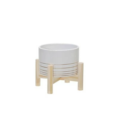 Sagebrook Home Metallic Ceramic Planter with Wood Stand White 4 Sagebrook Home Metallic Ceramic Planter with Wood Stand White - Image 3